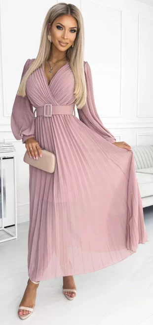 Розова бохо официална рокля с широка плисирана пола
