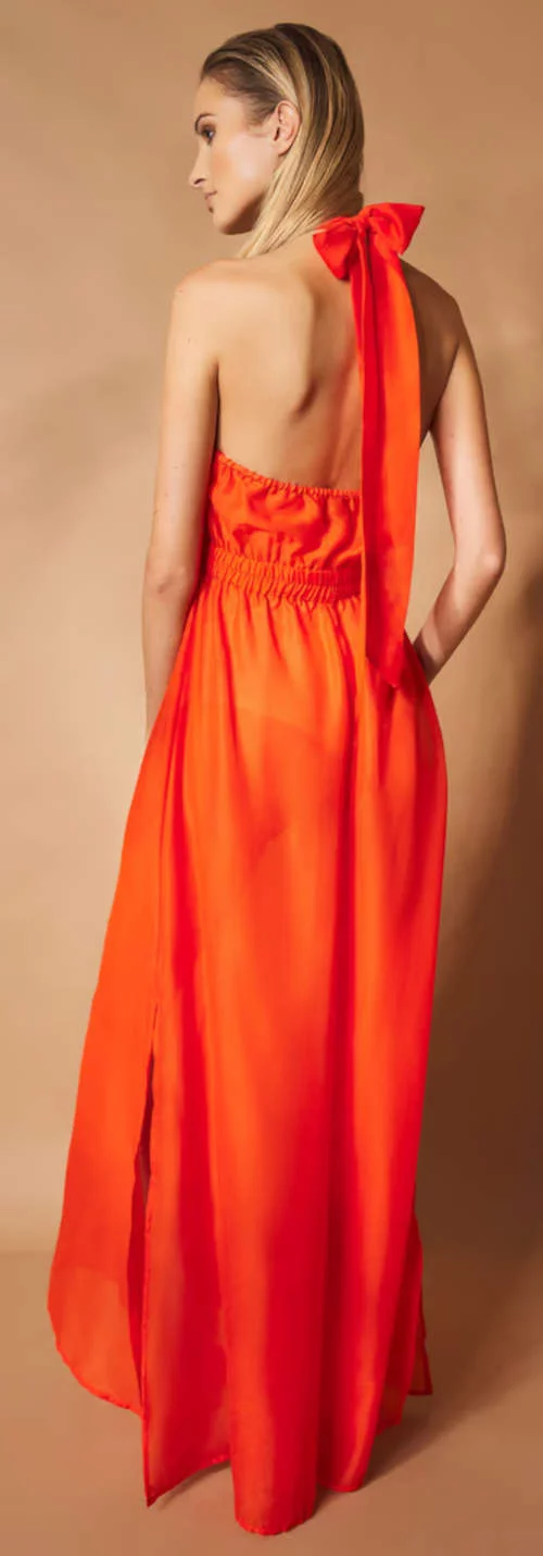 Оранжева плажна рокля с голяма панделка зад врата